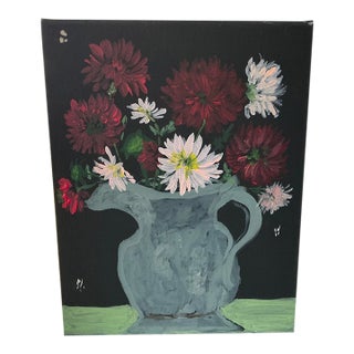 Original Painting of Dahlias in Pewter Pitcher For Sale