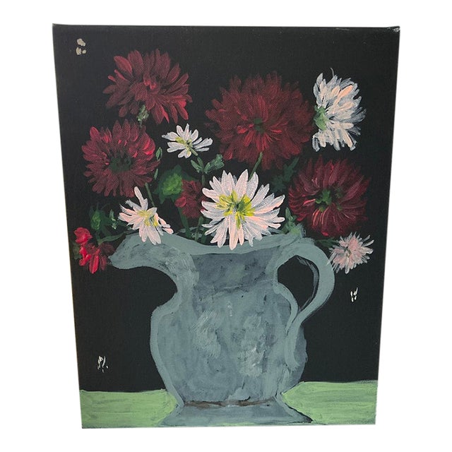 Original Painting of Dahlias in Pewter Pitcher For Sale
