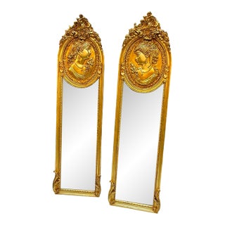 Baroque Gold Leaf Mirror Set – Pair of Ornate Mirrors With Sculpted Female Face Details For Sale
