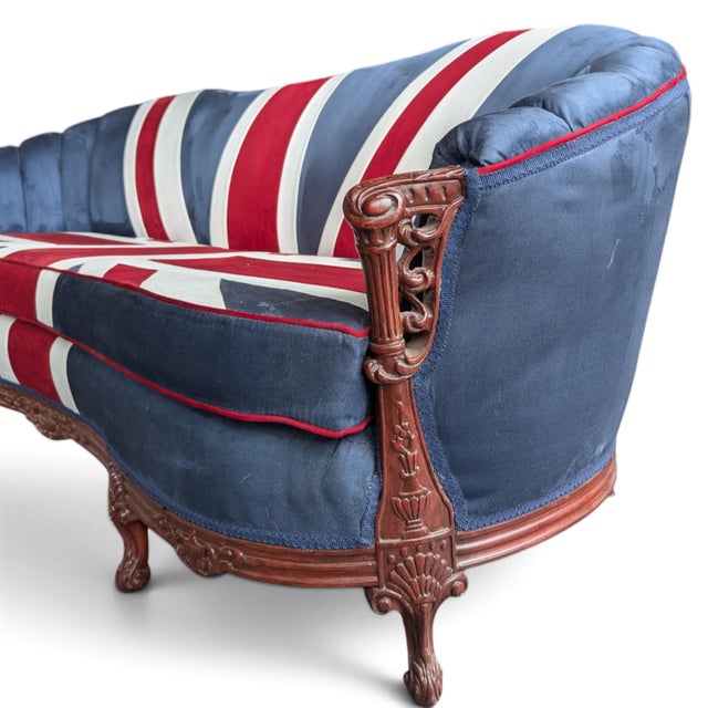 Vintage Union Jack Upholstered Sofa With Ornate Carved Wood Frame For Sale - Image 11 of 18