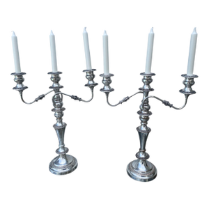 Large Pair of Vintage Edwardian Style, Silver Plate, Three-Light Candelabras