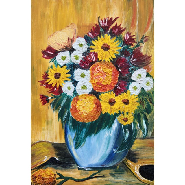 Yellow Vintage 1960s Floral Still Life Original Oil Painting For Sale - Image 8 of 12