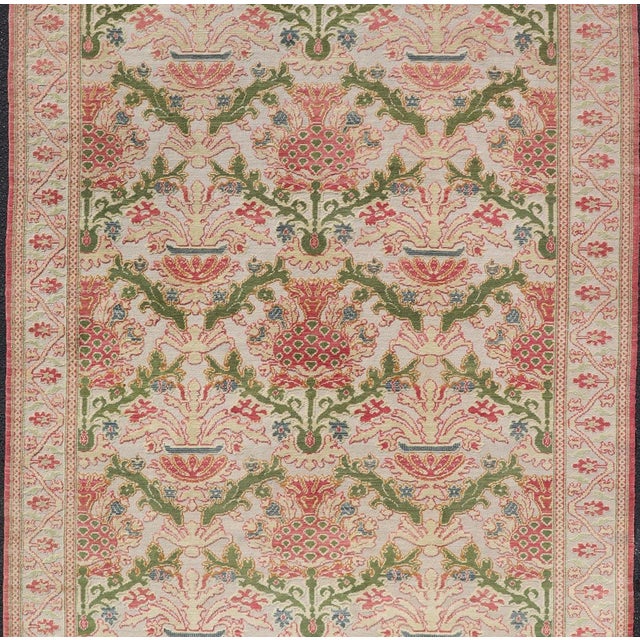 Antique Spanish Gallery Rug With Coral, Olive, and Cream Floral Design For Sale - Image 11 of 15