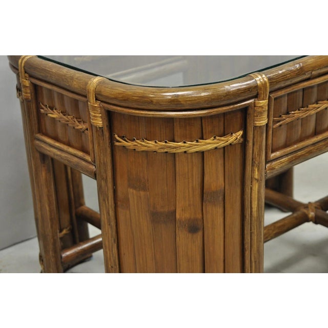 Wood Vintage Hollywood Regency Bentwood Rattan Glass Top Beach House Side Table For Sale - Image 7 of 11