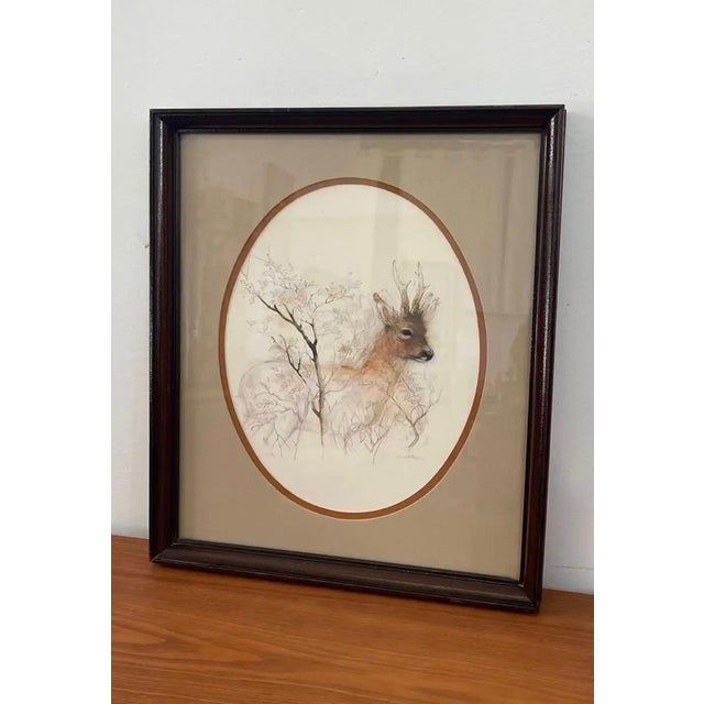 Vintage wildlife artwork depicting a deer partially concealed among branches and foliage. Executed with delicate linework...