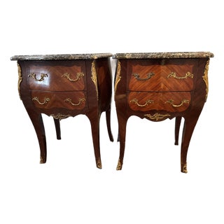 Mid 20th Century Elegant Pair of Louis XV–Style Marble-Top Nightstands With Ormolu Mounts For Sale