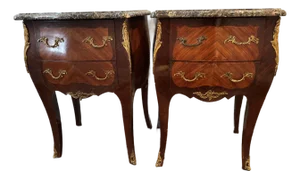 Mid 20th Century Elegant Pair of Louis XV–Style Marble-Top Nightstands With Ormolu Mounts
