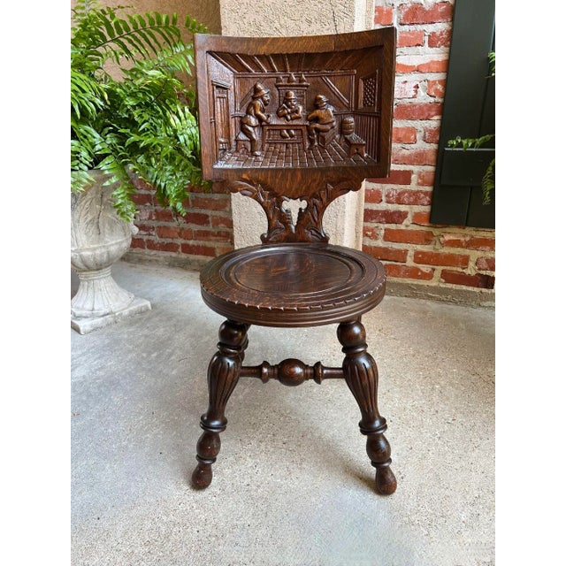Antique English Pub Chair Fireplace Hearth Carved Tiger Oak Breton