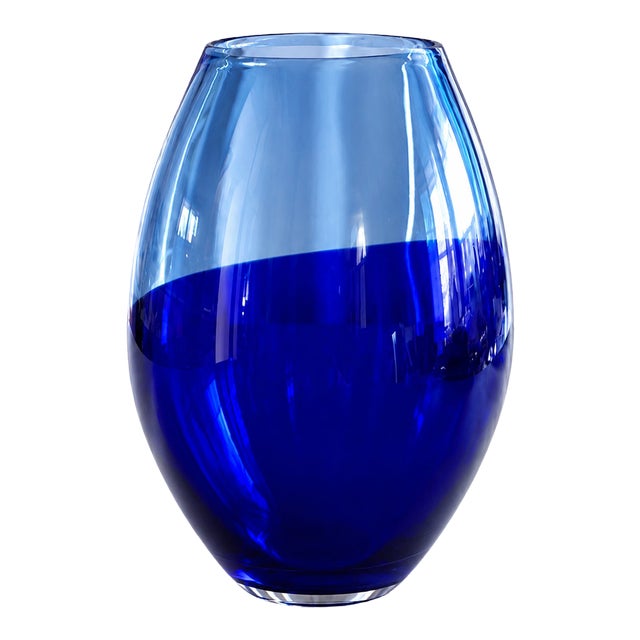 Scandinavian Cobalt Blue Art Glass Vase | Heavy Hand Blown Mid Century Modern Statement Decor 9" For Sale