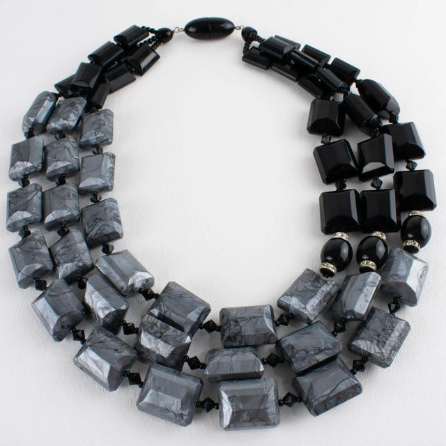 Contemporary Angela Caputi Multi-Strand Resin Choker Necklace Black and Pearlized Gray For Sale - Image 3 of 12