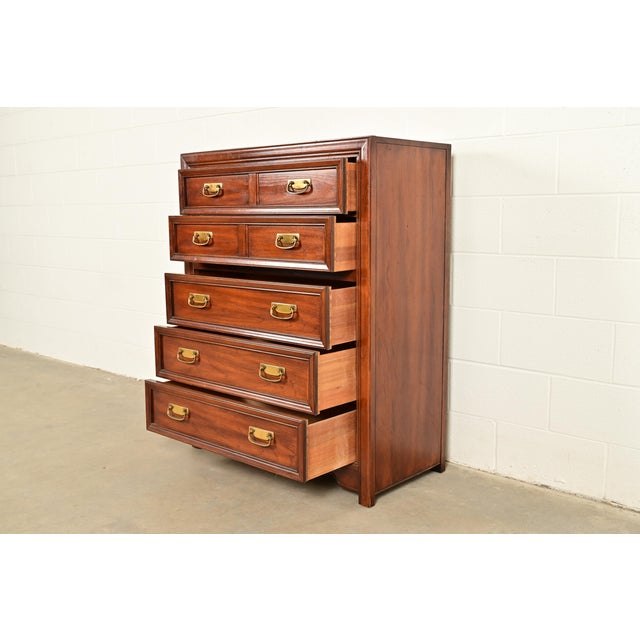 Thomasville Mid-Century Modern Hollywood Regency Campaign Walnut Highboy Dresser, 1970s For Sale In South Bend - Image 6 of 17