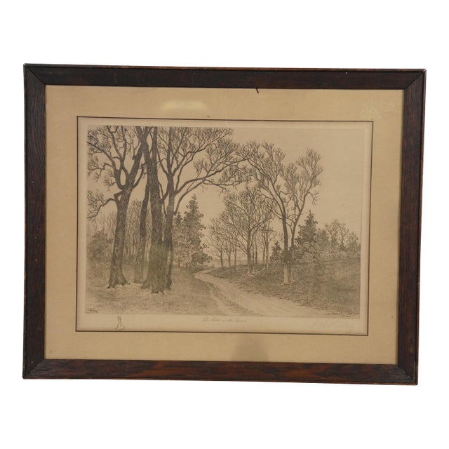 Antique Lh King the Path in the Forest Landscape Etching 20", Framed For Sale