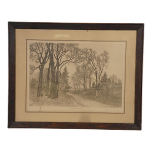 Antique Lh King the Path in the Forest Landscape Etching 20", Framed