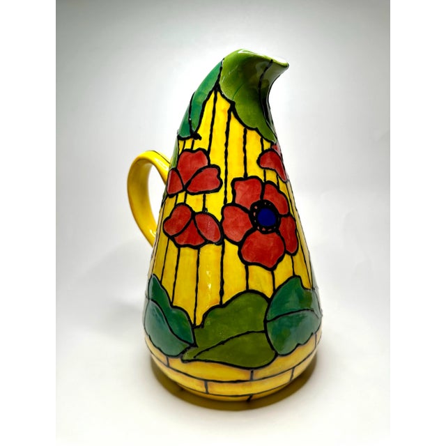 Canary Yellow Vintage Art Nouveau Tiffany Style "Poppy Flowers" Painted Ceramic Pitcher, Yellow, Red, and Navy Blue For Sale - Image 8 of 11