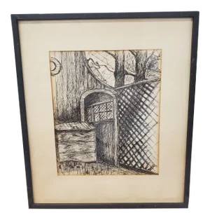 Mid Century Modern Ink Drawing Yard and Fence 24"x21"