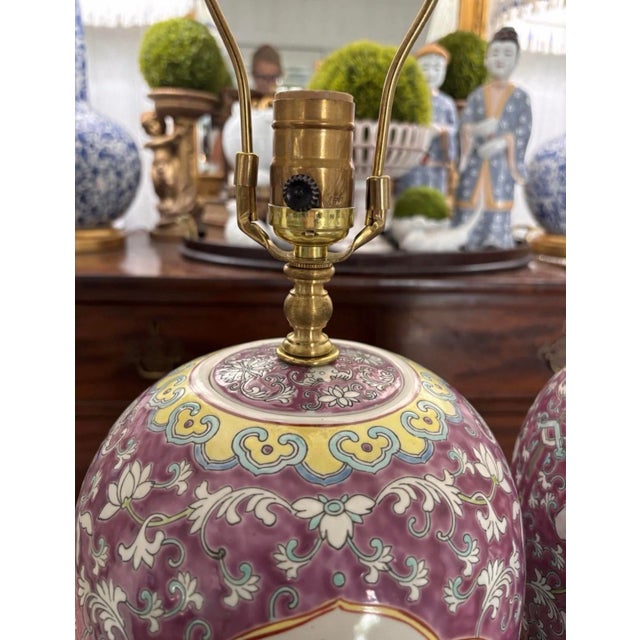 Early to Mid Twentieth Century Chinese Export Famille Rose Ginger Jar Lamps Turquoise Enamel Flowers Birds, a Pair For Sale - Image 11 of 11