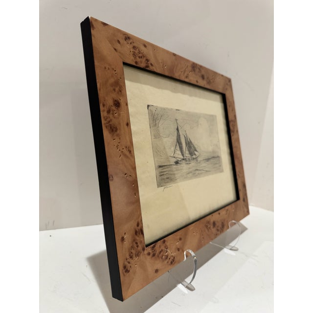 1920s Pair of Signed j.p. Benson Maritime Sailing Ship Etchings in Burl Wood Frames For Sale - Image 11 of 13