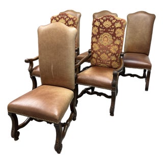 Castlegate Dover Camel Leather + Upholstered Chairs, Set of Six For Sale