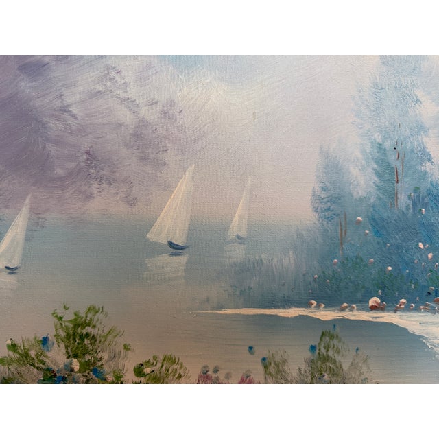Late 20th Century Large Impressionist Landscape Oil Painting Signed Bachmann Lakeside Garden For Sale - Image 9 of 12