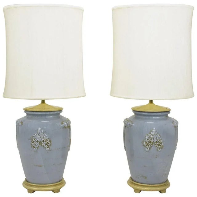 Baby Blue Periwinkle Blue Vintage Glazed Urn-Form Table Lamps - a Pair For Sale - Image 8 of 8