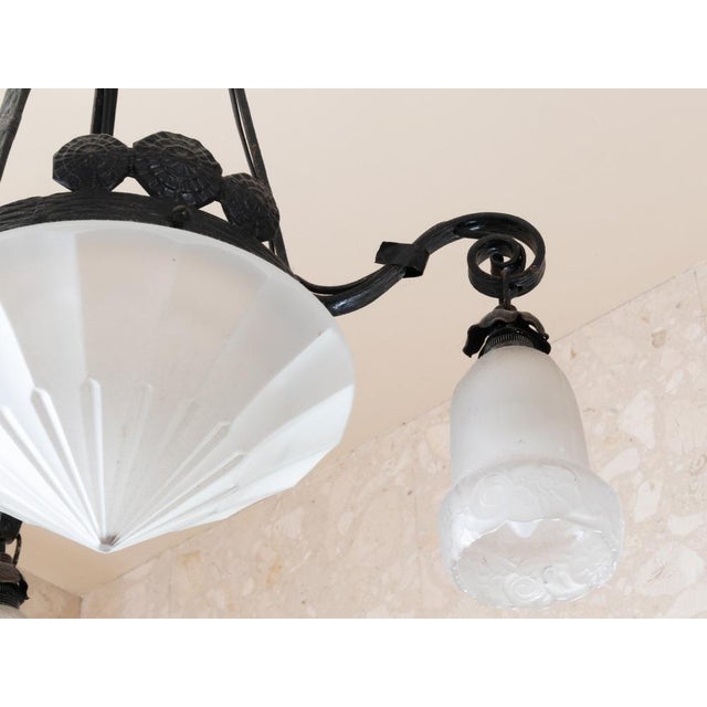 Metal French Provincial Wrought Iron Ceiling Light with Frosted Glass, 1900s For Sale - Image 7 of 8