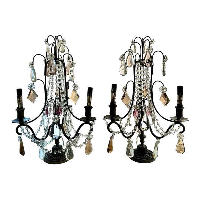 1930s French 3 Light Crystal Girondles, a Pair, Original Colored Crystals For Sale