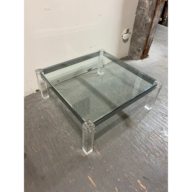 Hollywood Regency Lucite Coffee Cocktail Table Lug Peg Chrome Square Hollywood Regency Glass For Sale - Image 3 of 10