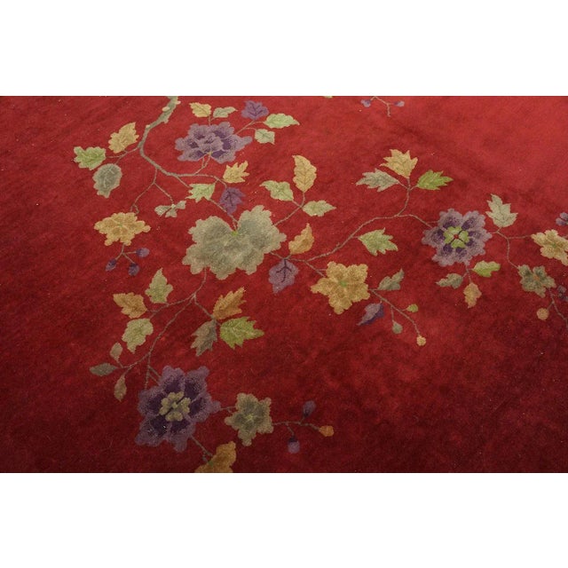 1920s Ruby Red Floral Antique Chinese Art Deco Carpet 9' X 12 Knotted Wool Rug For Sale - Image 9 of 10