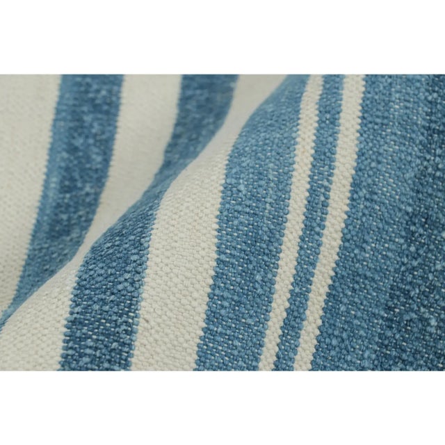 Textile Rug & Kilim’s Contemporary Dhurrie Rug in Blue and White Stripes For Sale - Image 7 of 7