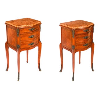 Antique French Louis XV Parquetry Bombe Bedside Tables, 1800s, Set of 2 For Sale