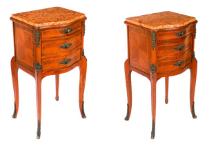 Antique French Louis XV Parquetry Bombe Bedside Tables, 1800s, Set of 2