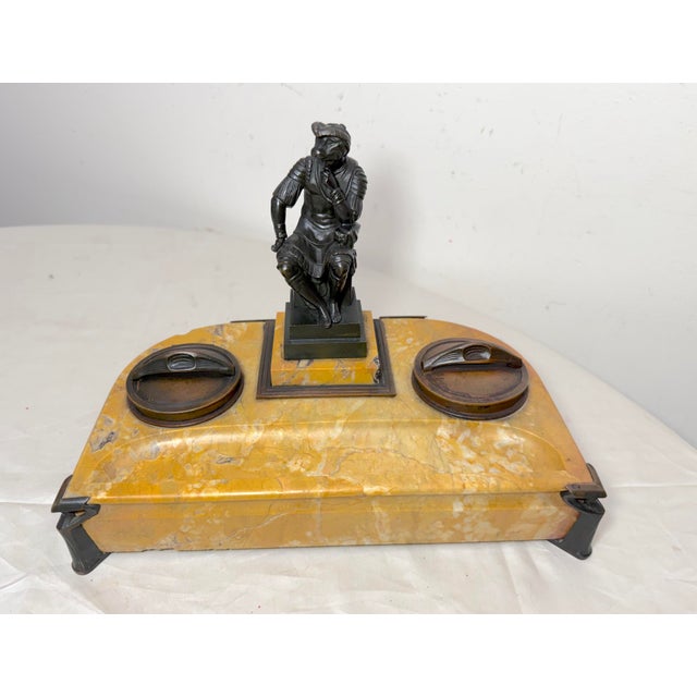 Figurative Antique French Solid Siena Marble Bronze Lorenzo De Medicis Statue Desk Inkwell For Sale - Image 3 of 18