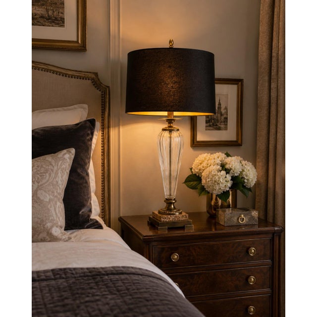 Late 20th Century Designer Fluted Crystal, Antiqued Brass & Stone Table Lamp With New Black & Gold Shade For Sale - Image 4 of 4