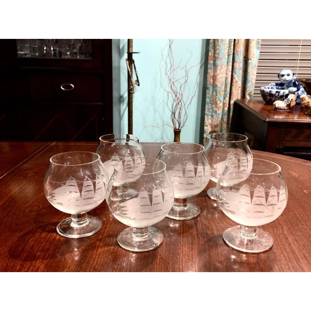 English Nautical Etched Glass Clipper Ship Brandy Decanter Set For Sale - Image 3 of 8