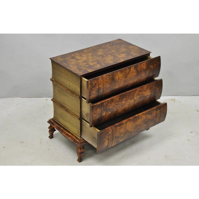 Decorator 3 Drawer Stacked Faux Book Form Italian Style Side Table w/ Burl Wood Oil Drop Finish. Circa Late 20th Century....