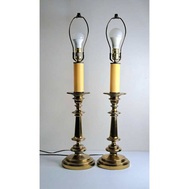 Vintage Mid-Century Modern Heavy Brass Beehive Candlestick Boudoir Table Lamps 31" Tall - a Pair For Sale - Image 4 of 10