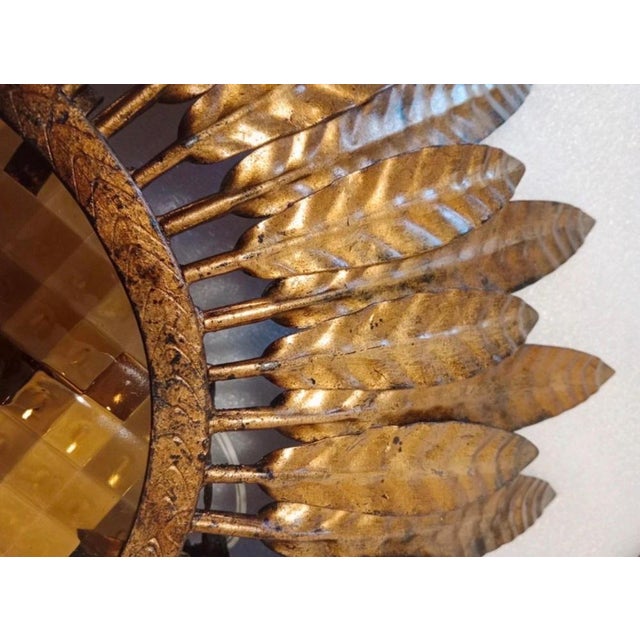 Large Spanish Crown Sunburst Fixture in Gilt Metal Curve Glass, 1950 For Sale - Image 6 of 8