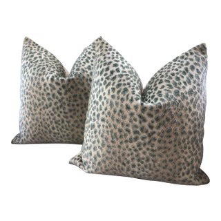 Cowtan and Tout Ocelot Raised Celadon Green Velvet Cheetah Pillows - a Pair For Sale
