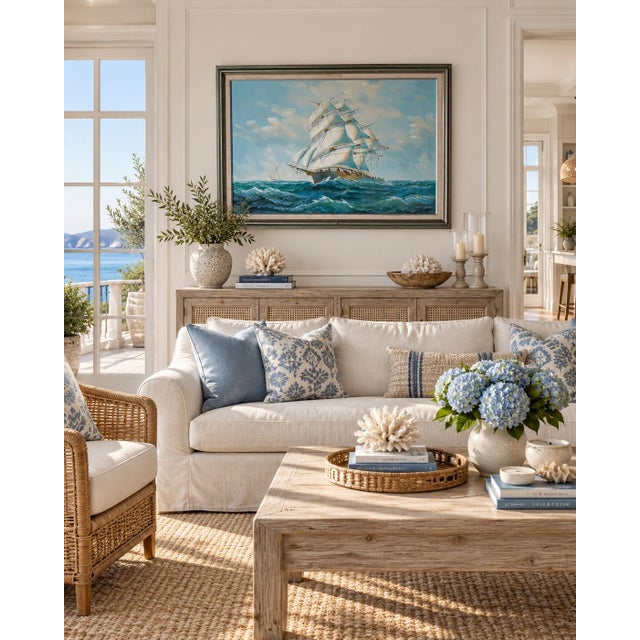 Striking vintage 1970s maritime oil painting depicting a majestic full-rigged sailing ship navigating rolling ocean waves...