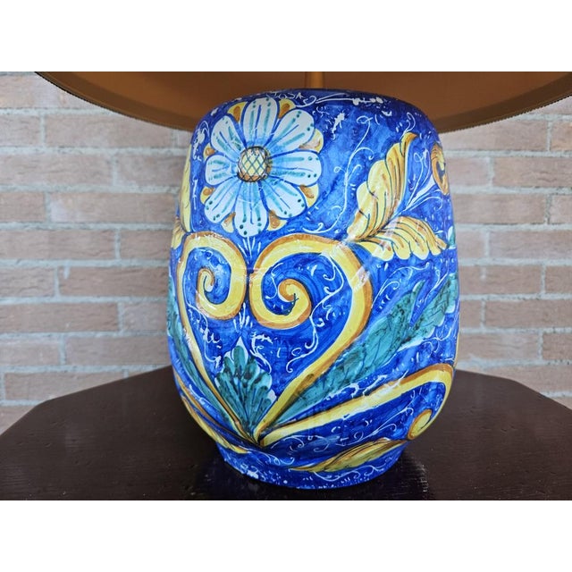 Blue Painted Ceramic Table Lamp with Fabric Lampshade, 1970s For Sale - Image 8 of 16