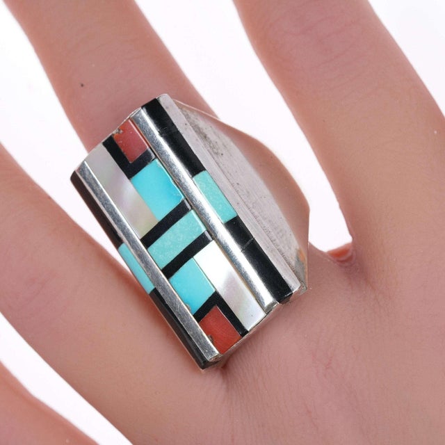 Contemporary sz11 Vintage Zuni silver channel inlay ring For Sale - Image 3 of 6