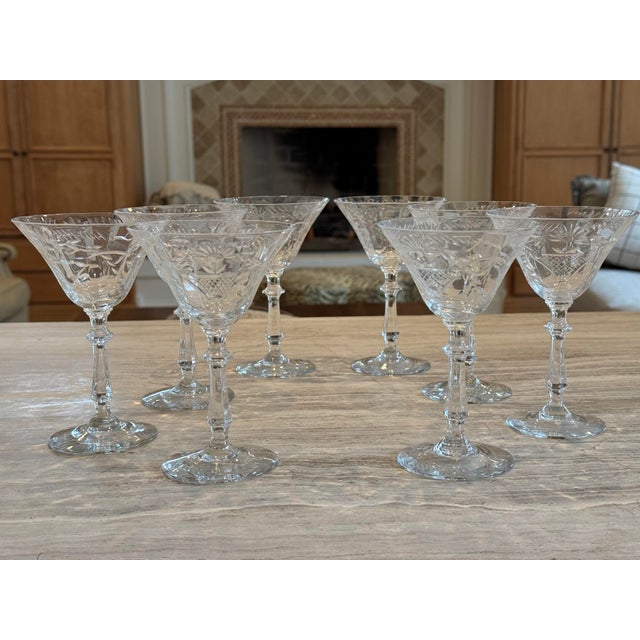 Elegant set of 6 vintage blown glass crystal champagne / tall sherbet glasses featuring etched floral bouquets by...
