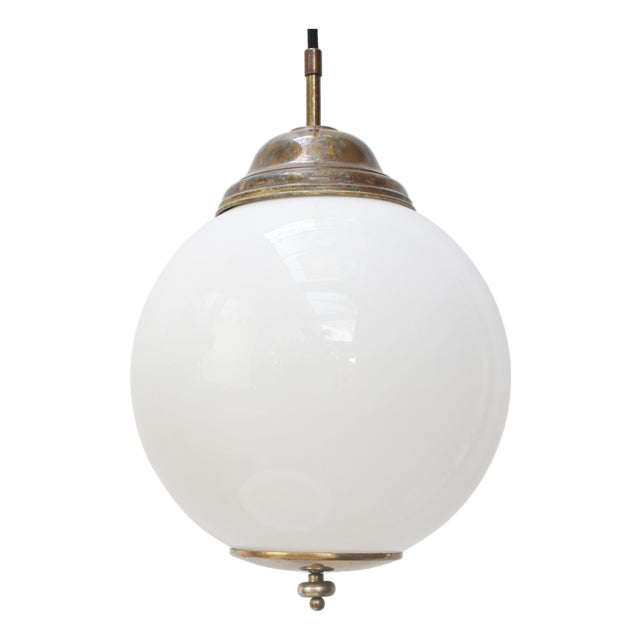 Vintage Pendant Lamp in White Opaline Glass and Brass For Sale