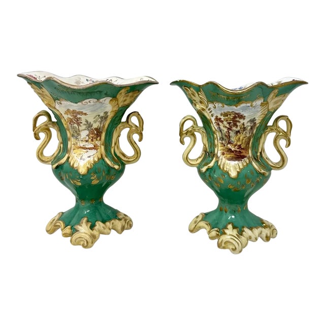 Antique Pair English Porcelain Green Samuel Alcock Vases Urns Still Life Flowers For Sale