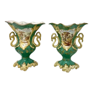 Antique Pair English Porcelain Green Samuel Alcock Vases Urns Still Life Flowers