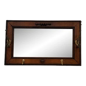 Vintage Mission Arts & Crafts Quarter Sawn Figured Oak Wood Hall Mirror With Cast Metal Coat Hooks