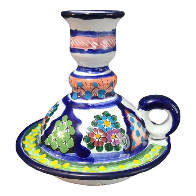 Vintage Hand Painted Colorful Terra-Cotta Mexican Talavera Chamber Candle Stick For Sale