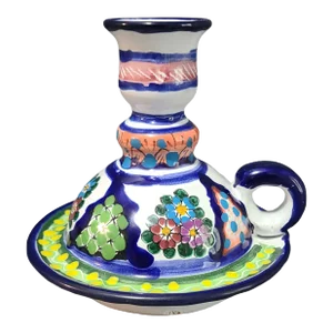 Vintage Hand Painted Colorful Terra-Cotta Mexican Talavera Chamber Candle Stick
