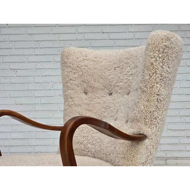 Danish High-Backed Armchair in Sheepskin by Alfred Christensen for Slagelse Møbelværk, 1960s For Sale - Image 17 of 18