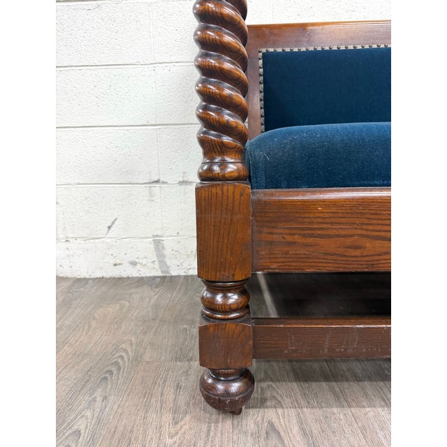 19th Century Antique Jacobean Revival Blue Velvet Upholstered Oak Hall Settee Daybed Bench For Sale - Image 5 of 18